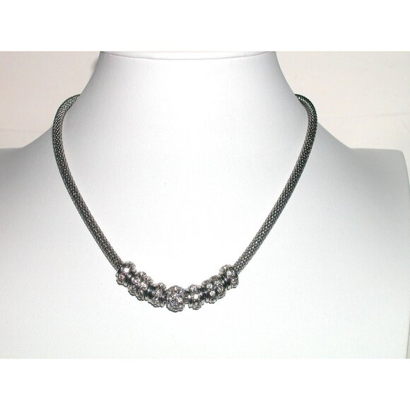 Silver-Tone Mesh Necklace With Sparkling Bead Accents & Adjustable Chain For Wom - Picture 1 of 6